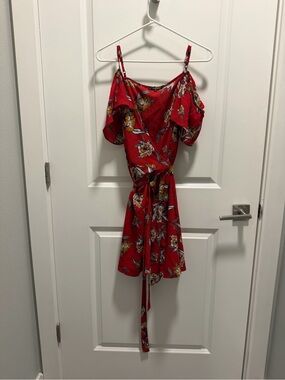 Red Floral Cold-Shoulder Tie-Waist Mini Dress